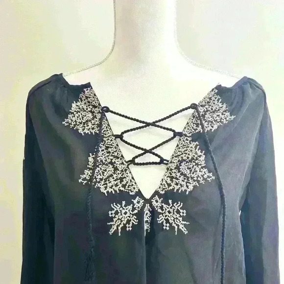 American Eagle Sheer Black Embroidered Peasant 3/4 Sleeve Blouse - Picture 2 of 6